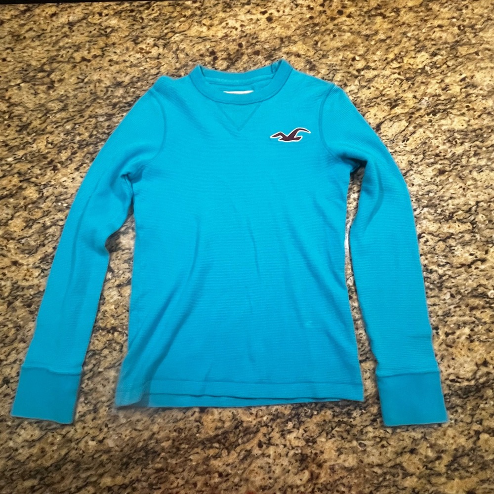 Hollister Men S Turquoise Waffle Knit Thermal Long Sleeve Shirt Crewneck Blue